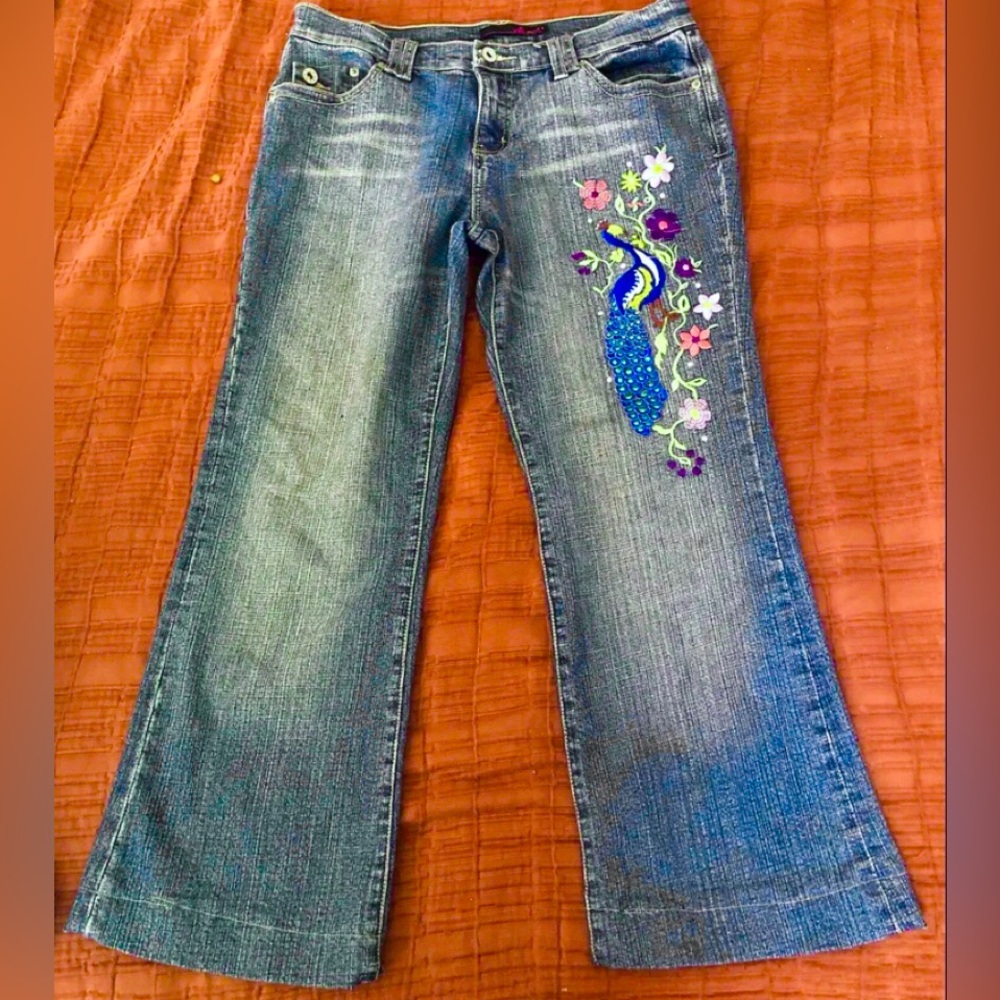 Vintage WILLI SMITH JEANS Womens Sz 10 Denim 1990s EMBROIDERED Birds Flowers NM